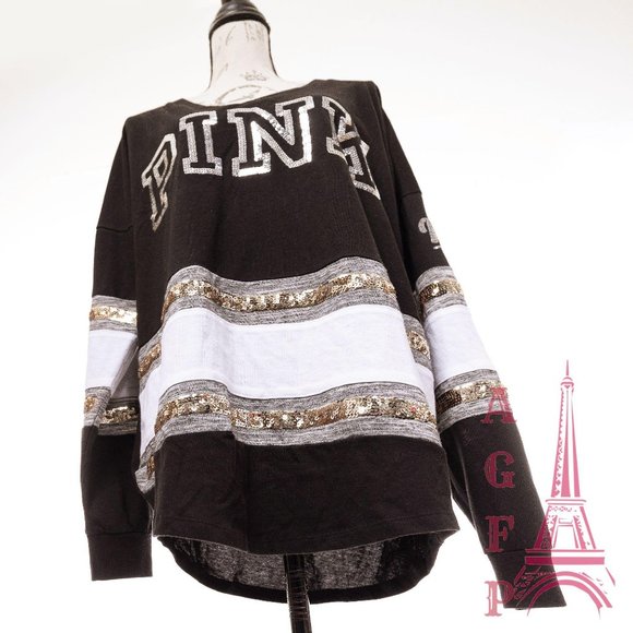 PINK VS bling Logo sequin Varsity black V neck Top - Picture 7 of 10